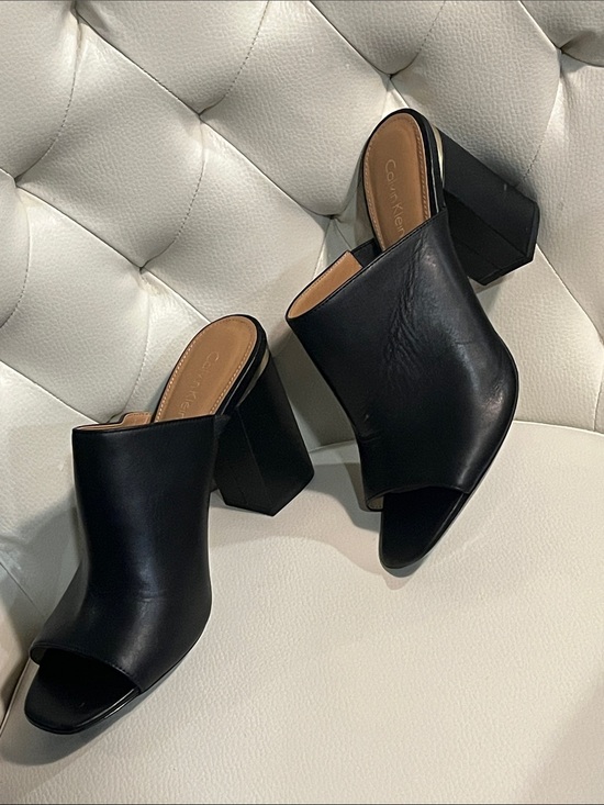 Calvin Klein Shoes - Calvin Klein Black Leather Open-Peep Block Heel Mules